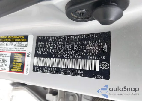 2012 Toyota Camry Le из США, поврежденный, VIN 4T1BF1FK5CU035535